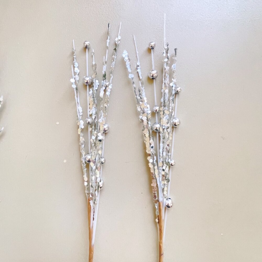 Sprays Stems Picks Silver Glitter Beaded 12" Faux Floral Tree Craft Set of 25 - Picture 4 of 5